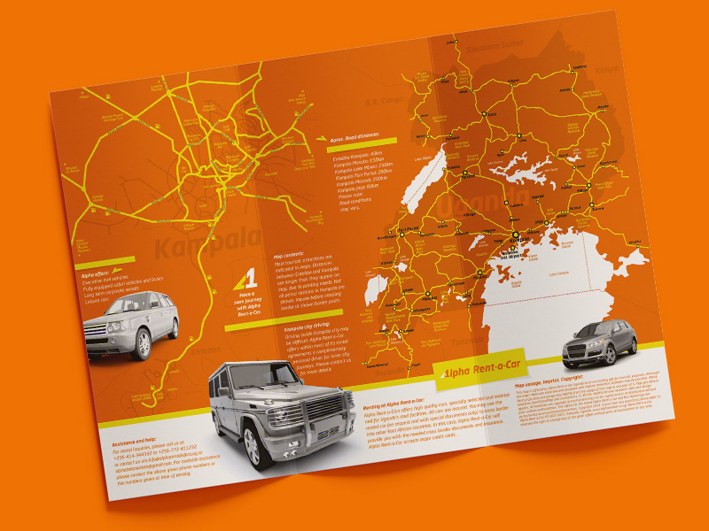 Corporate design, logo and branding with Uganda and Kampala map for Alpha Rent-a-Car © Thomas Iwainsky